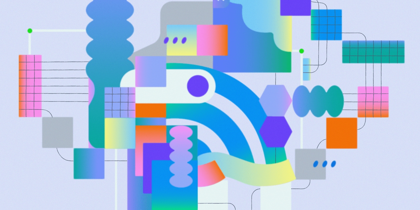 Vibrant abstract infographic with colorful geometric shapes, rectangles, circles, and hexagons connected by curved lines and flowing elements representing interconnected network architecture and data flow.
