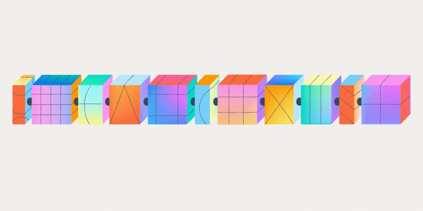 Collection of twelve 3D isometric cubes in vibrant colors including orange, pink, cyan, yellow, blue, and purple, each displaying different geometric patterns and surface designs, arranged horizontally against a light gray background.