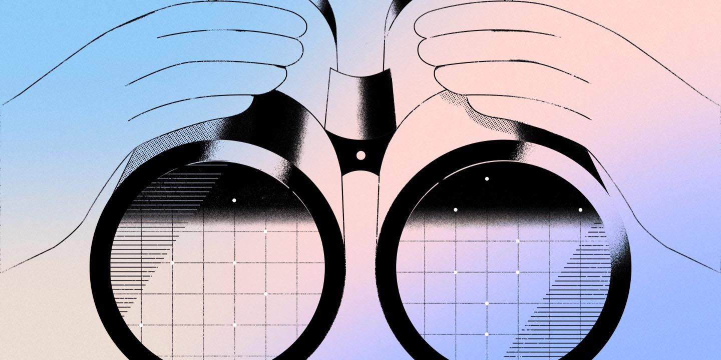 Artistic infographic of binoculars with integrated bar charts in each lens, hands positioned above, representing dual perspectives and comparative data analysis on blue-to-pink gradient background.
