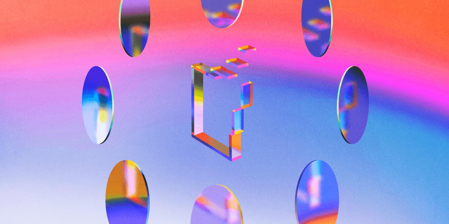 Holographic network with six iridescent oval portals surrounding central isometric geometric structure in rainbow gradients on coral-to-blue gradient background.