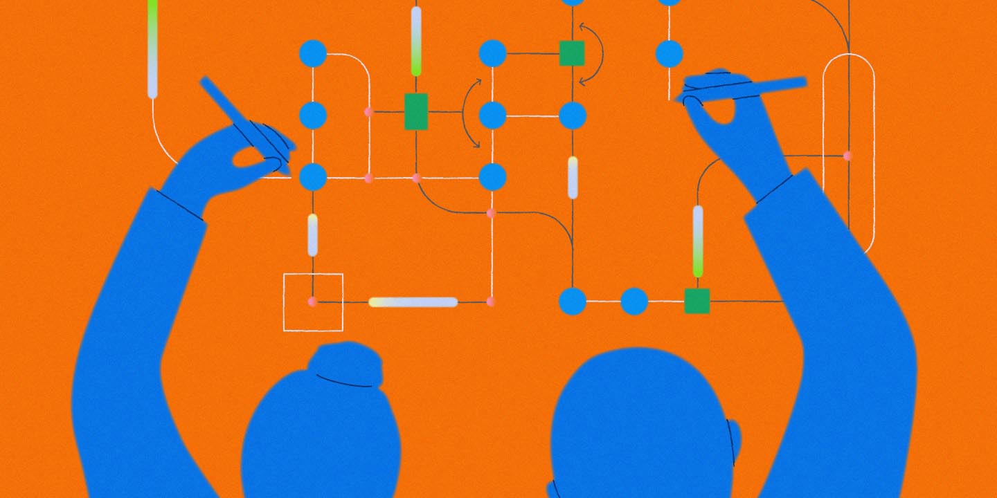 Illustration of two blue hands manipulating electronic circuit diagram with interconnected nodes, green components, and white connecting lines on orange background, representing collaborative system design.