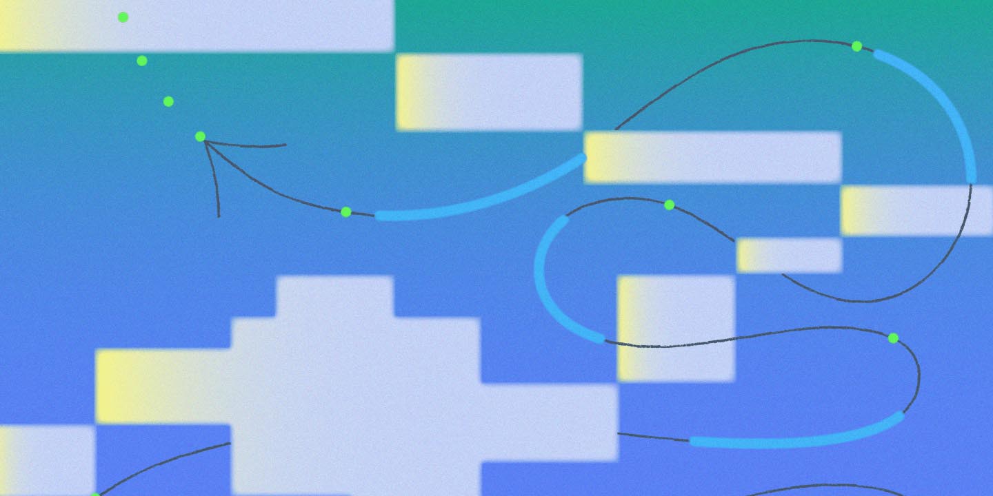 Network flow diagram with green circular nodes connected by dark gray and cyan curved lines, featuring white rectangular modules with yellow highlights arranged in stepped pattern against teal-to-blue gradient background.