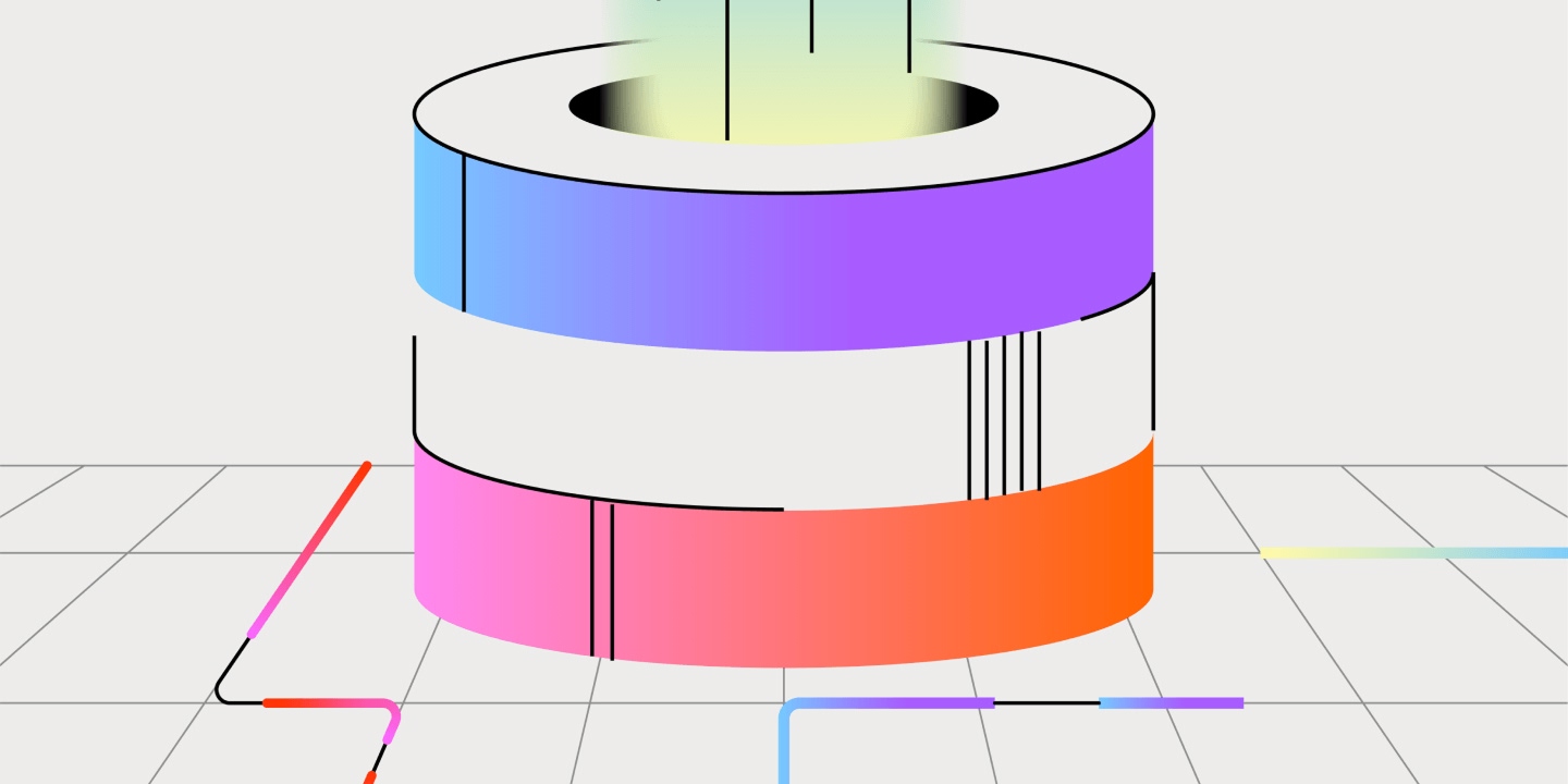 Technical diagram of stacked cylindrical database architecture with color-coded layers in blue, purple, pink, and orange. Vertical connection lines extend from both cylinders, representing multi-tier storage system with data flows.