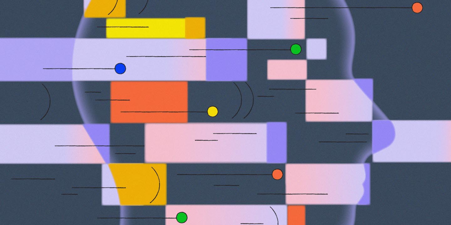 Abstract data flow visualization with colored rectangular blocks in yellow, orange, blue, and pink connected by horizontal black lines and circular markers representing processes and organizational relationships.
