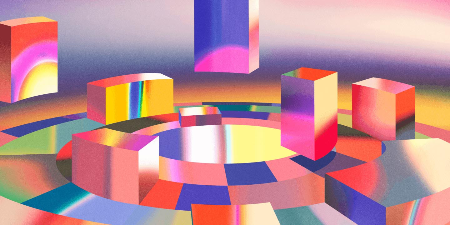 Vibrant 3D rendered scene featuring geometric shapes, flowing rainbow-colored ribbons, and concentric circular structures against a gradient sky transitioning from purple to pink to yellow, creating a surreal abstract landscape.