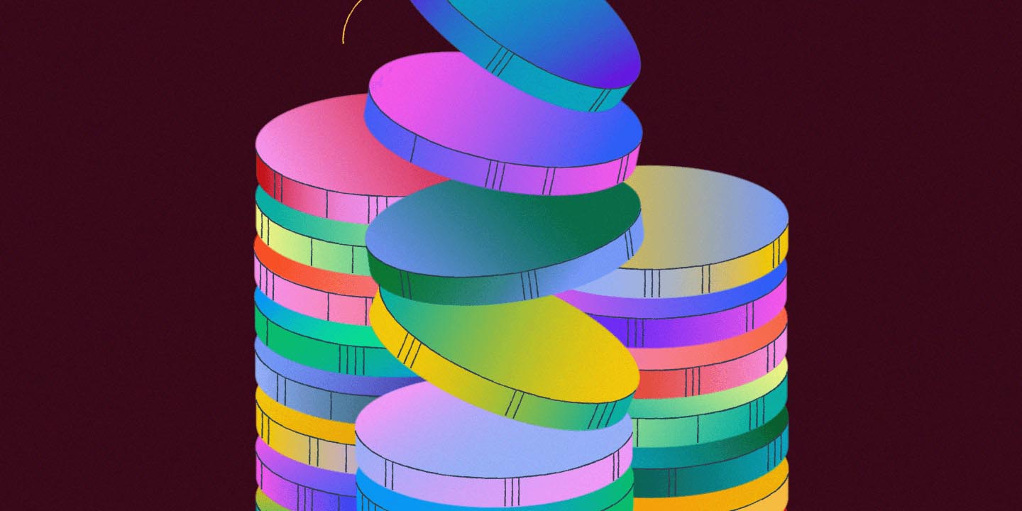 3D visualization of stacked cylindrical discs in vibrant rainbow colors with segmentation lines, representing layered data structure or hierarchical organization on dark maroon background.