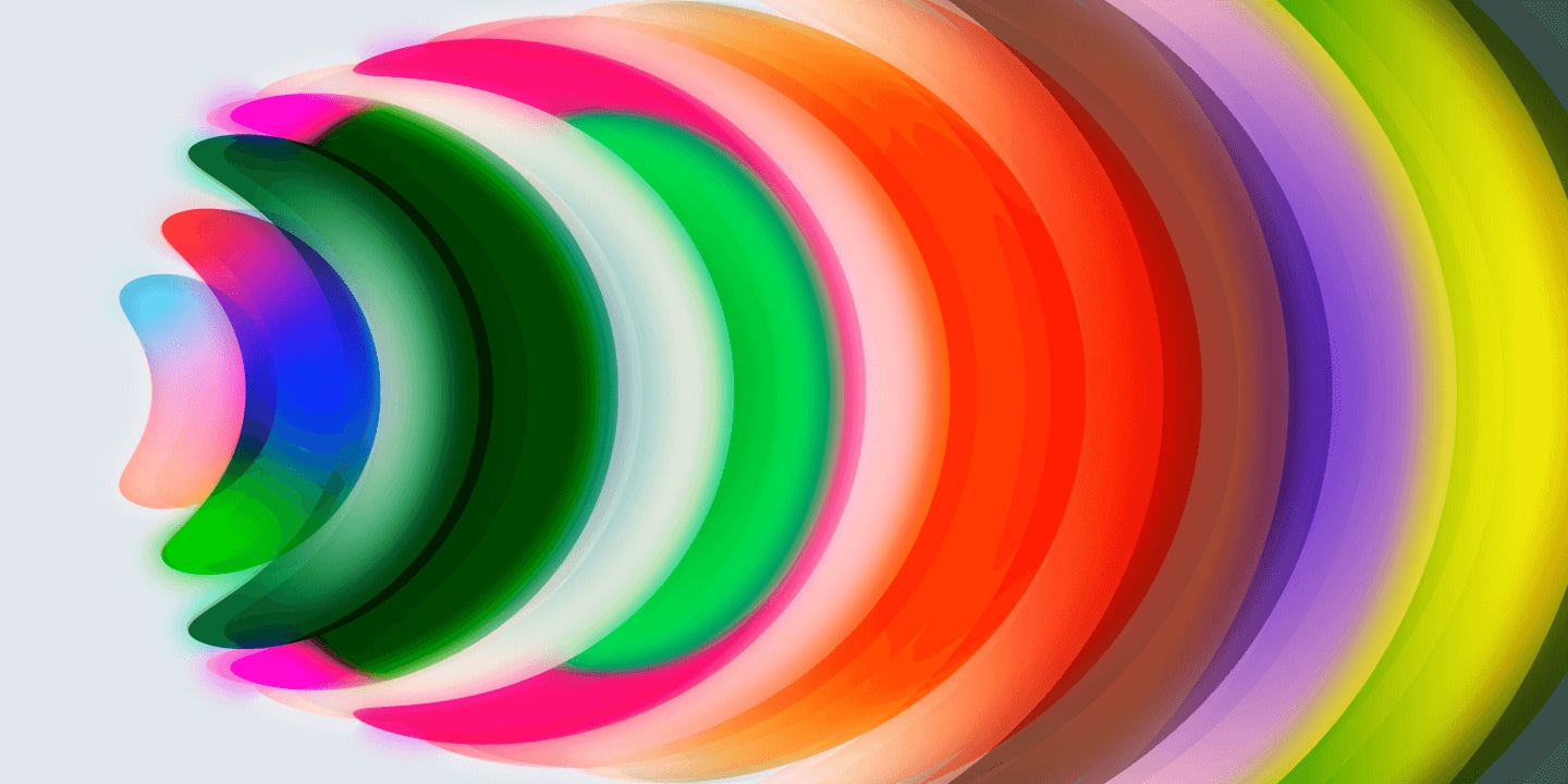 Abstract design with concentric curved layers in full color spectrum creating dynamic spiral effect with 3D shadows and gradient transitions on light gray background.