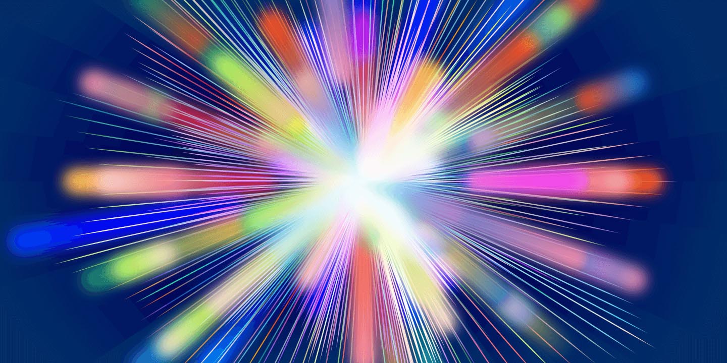 Radial starburst pattern with bright white center and radiating lines in full color spectrum including blue, cyan, green, yellow, orange, red, pink, and purple against dark blue background.