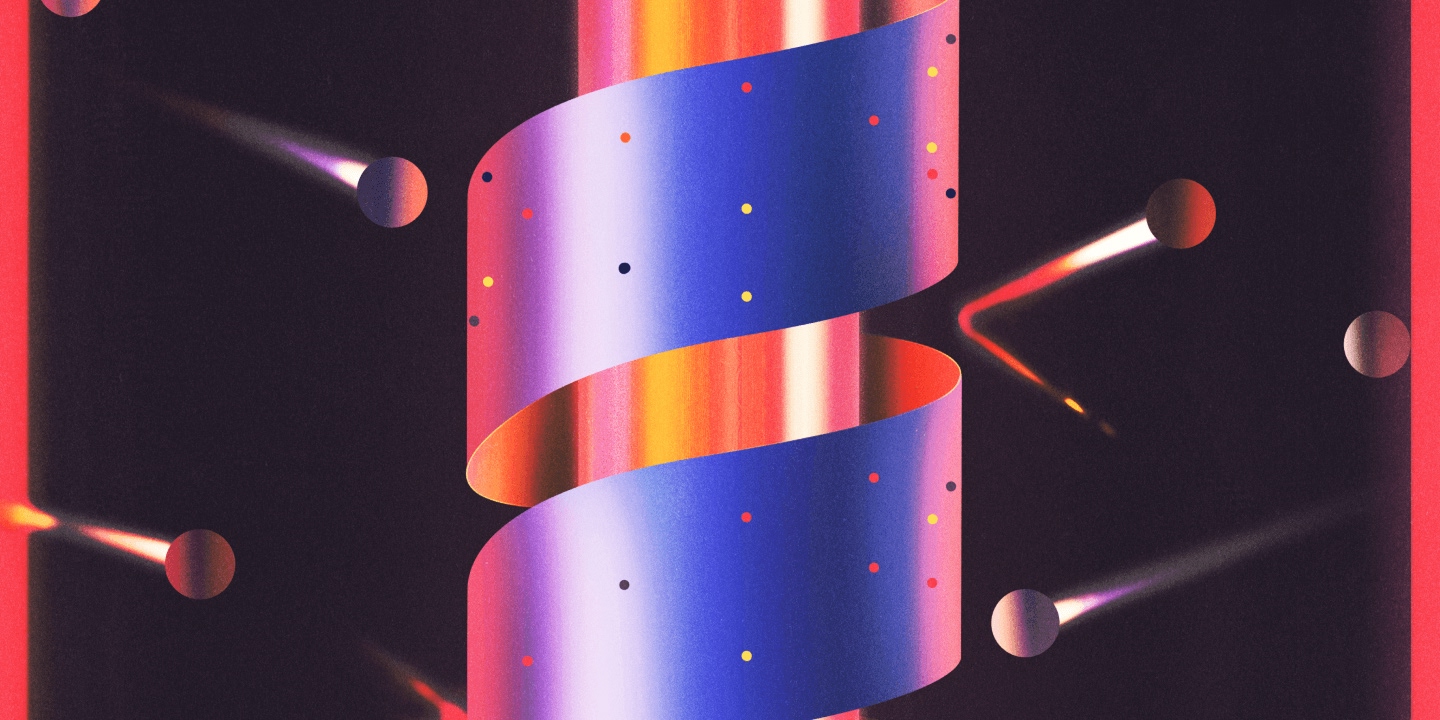 Neon abstract 3D visualization with central gradient cylinder, glowing colored particles, and luminous light trails on dark background.