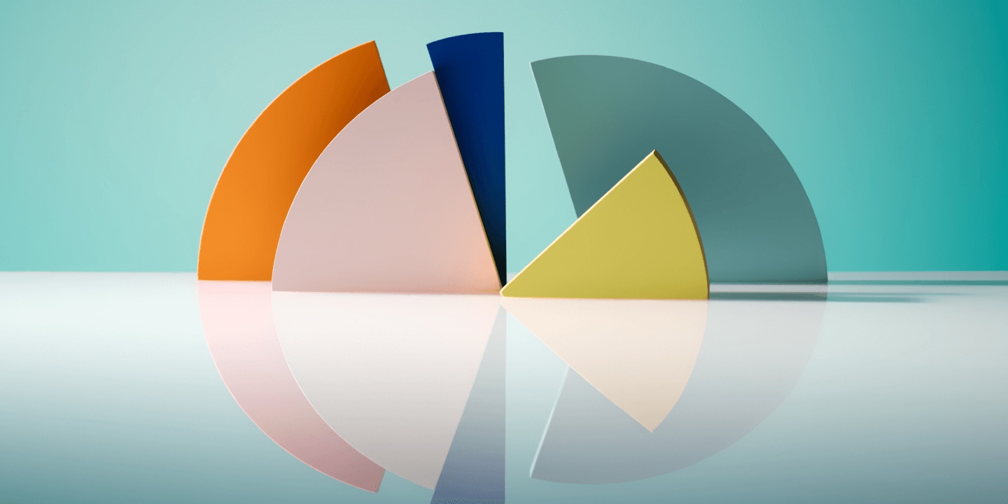 Abstract geometric pie chart with six colored segments including orange, pink, navy, yellow-green, and sage green on turquoise gradient background.