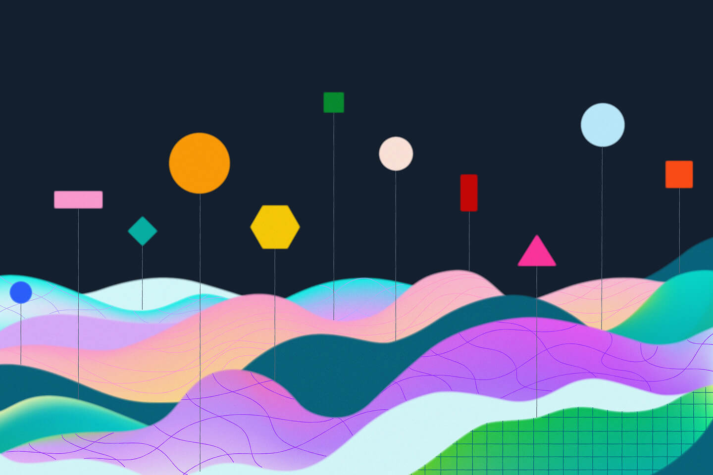 The image features a collection of abstract shapes with different colors and sizes, scattered across a dark background. The shapes include circles, squares, hexagons, and triangles, each in unique colors like yellow, pink, green, and blue. The composition is arranged in a somewhat random pattern, with the shapes floating above a colorful, wavy background that resembles a landscape with various shades of purple, blue, and green.