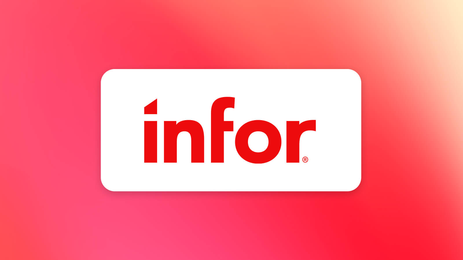 The image features a logo with the text "infor" in red font, which is placed in the center of a white square. The background is a gradient of pink and yellow. The overall composition is clean and simple, with the bold red text standing out against the contrasting background.