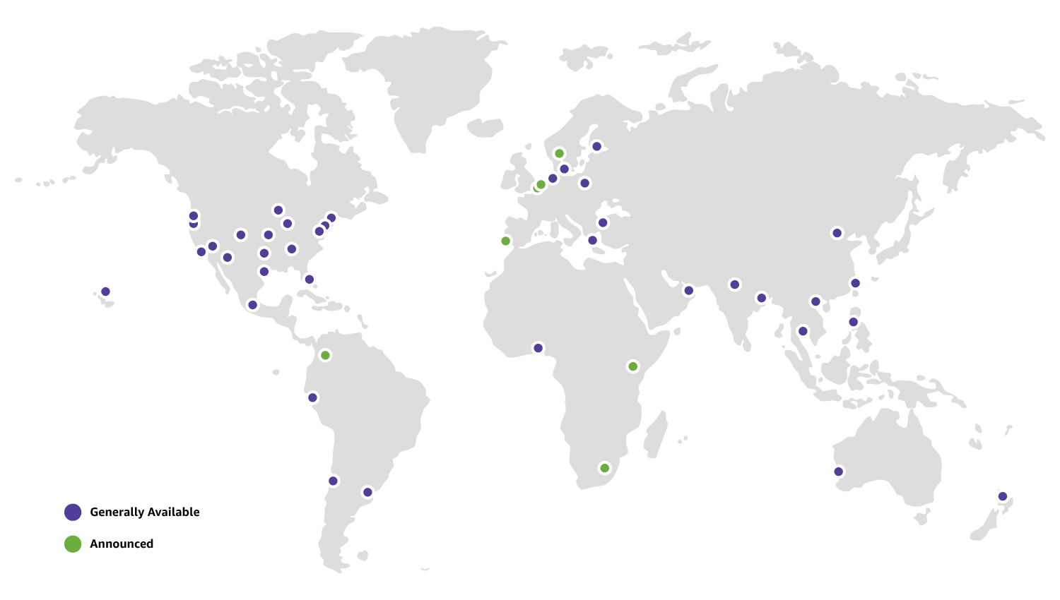 The image shows a world map with various colored dots representing different locations. Blue dots signify "Generally Available," while green dots indicate "Announced." The map is set against a neutral gray background, highlighting the distribution of these locations across the globe. The composition effectively communicates the geographical spread and status of the locations.
