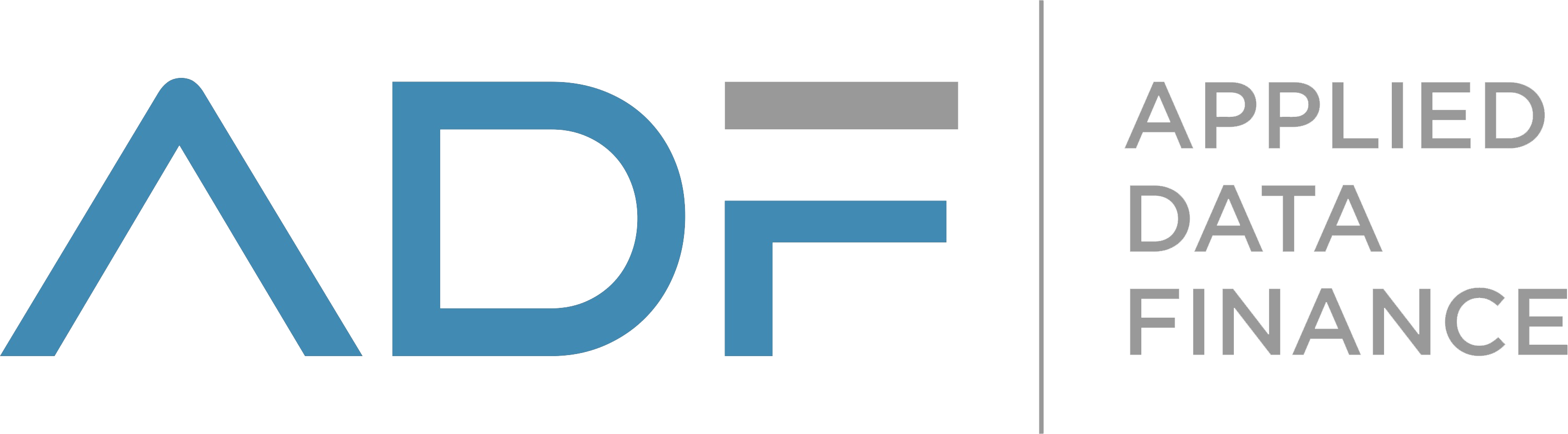 The logo of "Applied Data Finance" is depicted in a minimalist style. The word "ADF" is prominently displayed in blue against a white background. The letters "A" and "D" are designed in a unique, stylized manner, while the letter "F" is represented by a simple vertical line.
