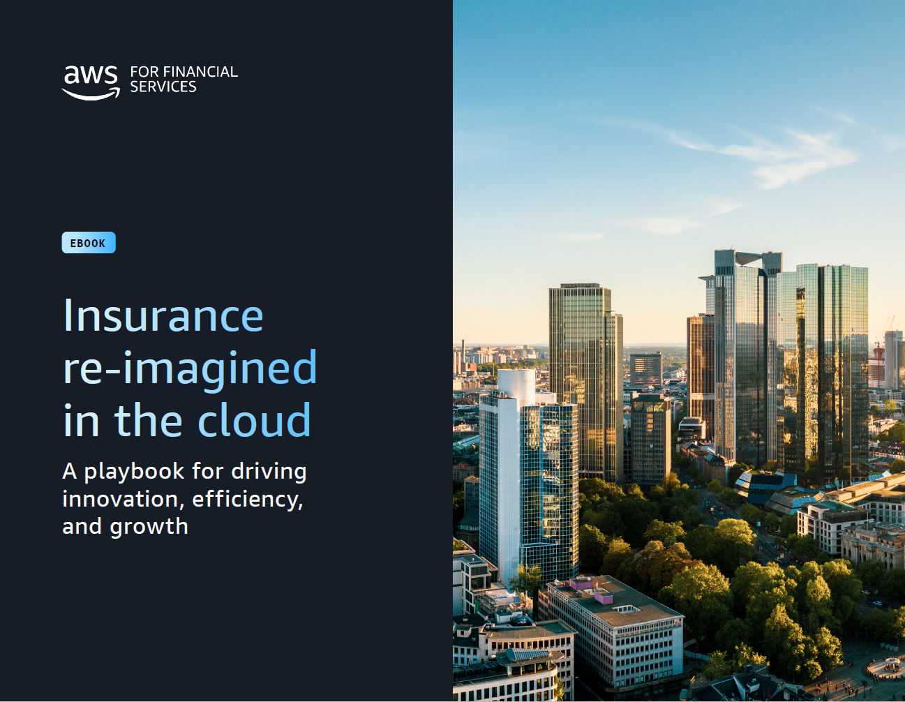 Cover of the eBook Insurance reimagined in the cloud with an image of a city skyline.