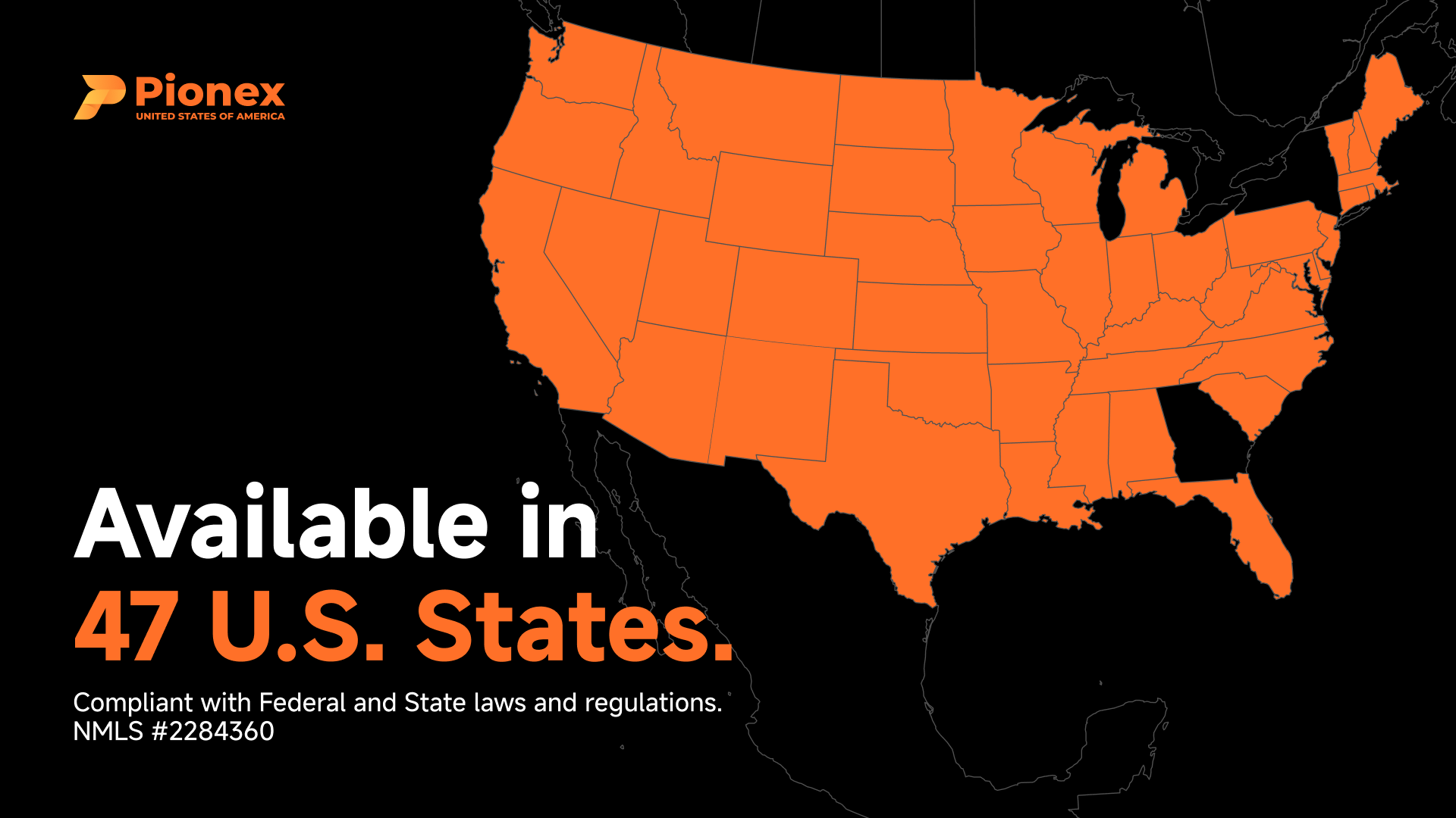 Pionex image with map of the United States with text saying "available in 47 U.S States" Pionex image with map of the United States with text saying "available in 47 U.S States"