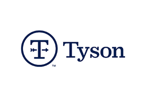 円で囲まれ、矢印が付いている T の文字。ダークブルーの Tyson のロゴ