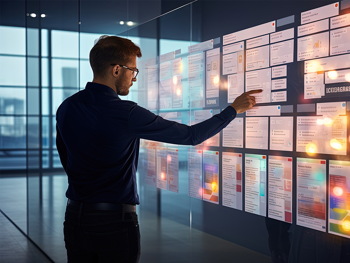 Person viewing many text graphics on a digital wall