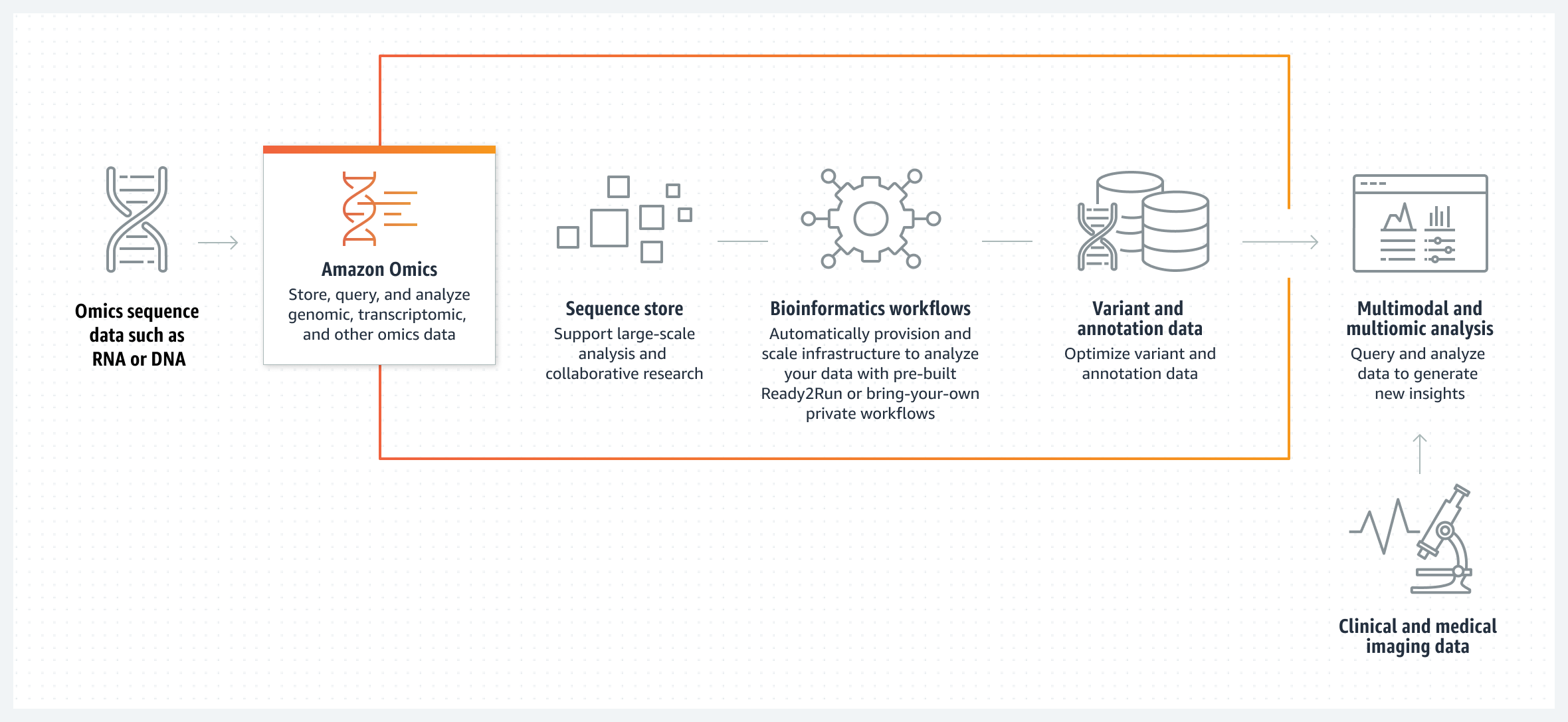 Sơ đồ cho thấy cách sử dụng AWS HealthOmics để tạo thông tin chuyên sâu từ dữ liệu bộ gen.