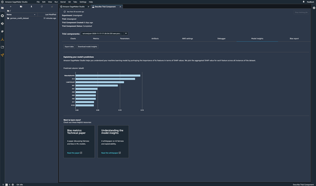 Captura de tela de um gráfico de importância de recurso para um modelo treinado no SageMaker Experiments