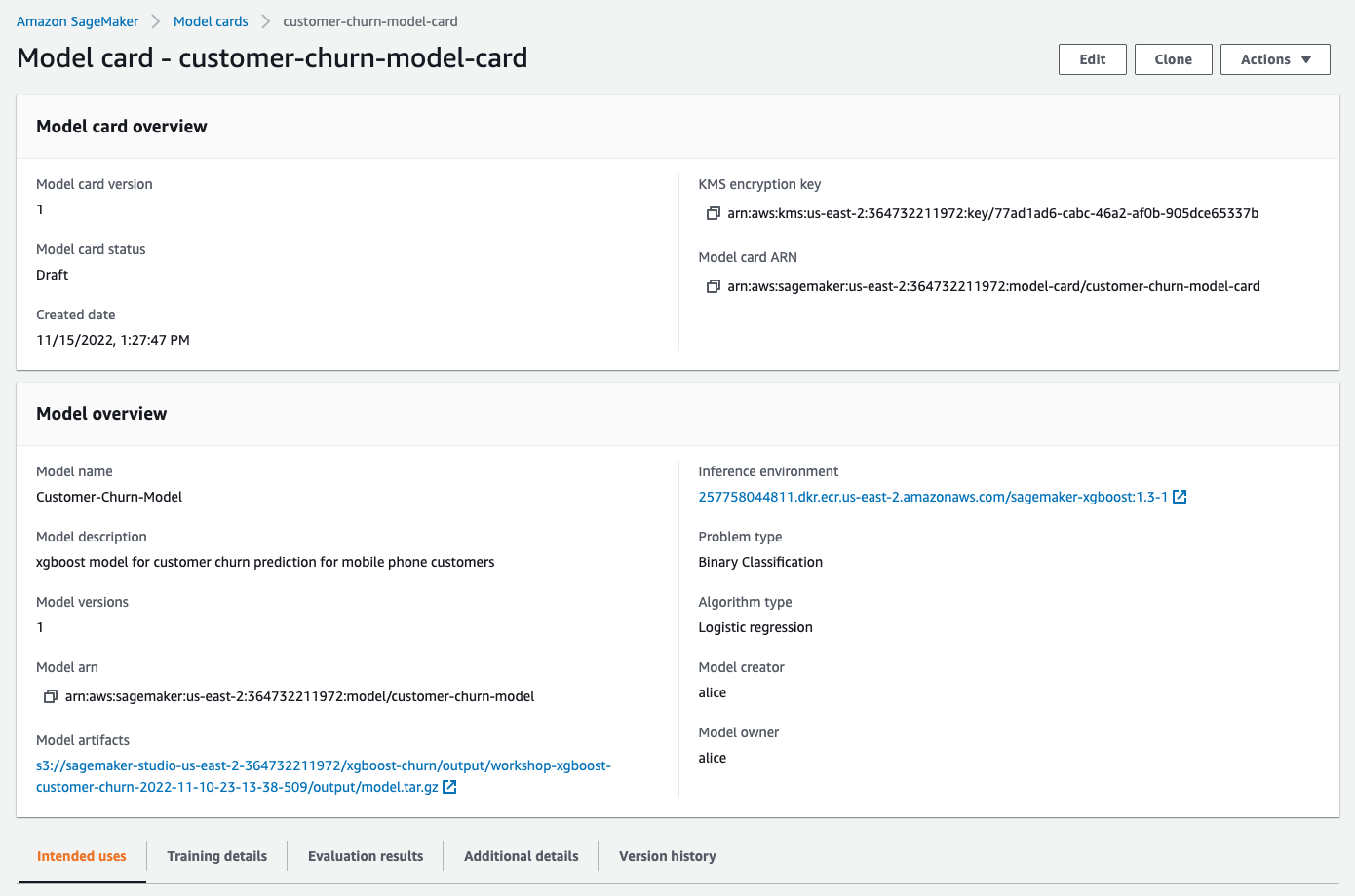 información del modelo en la consola de sagemaker