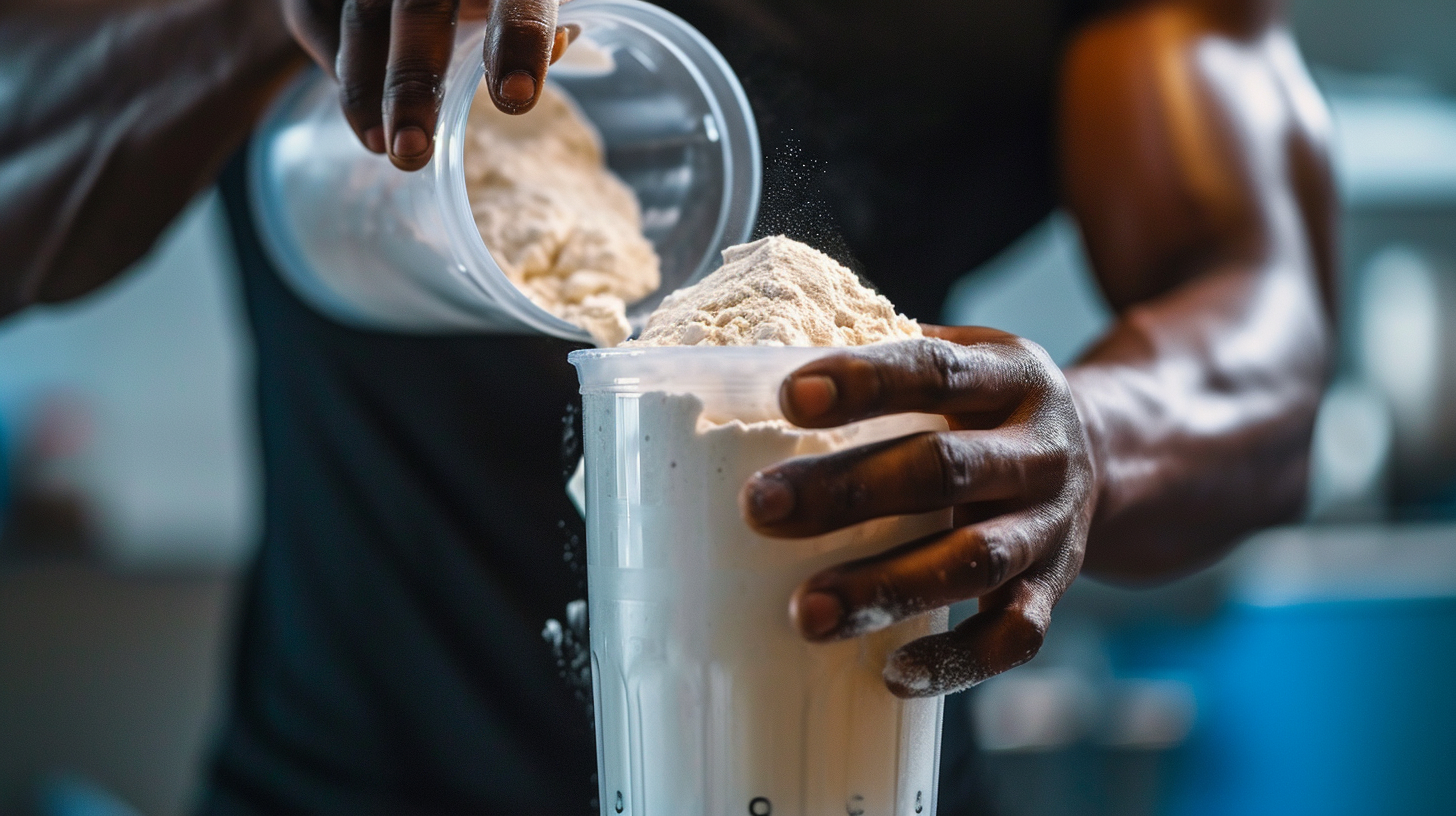 a male athlete prepares a protein shake