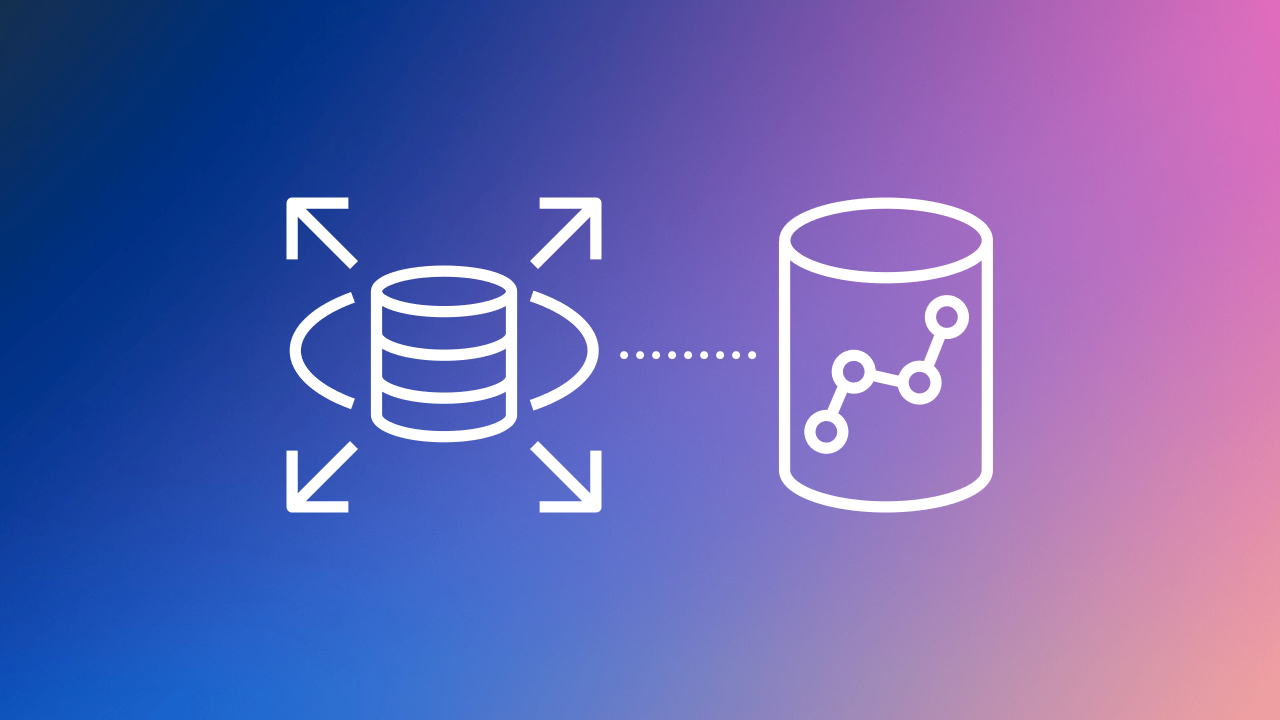 Uma imagem com fundo gradiente e um ícone branco do RDS conectado ao ícone do Amazon Redshift, representando integrações ETL zero.