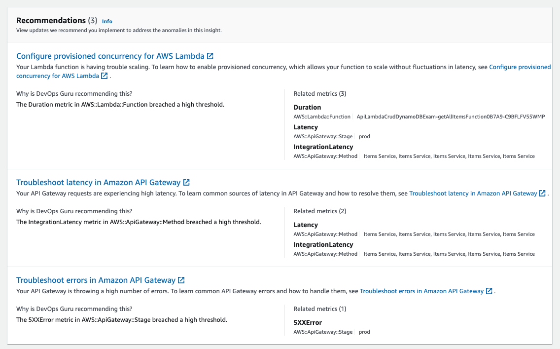 Amazon DevOps Guru Insight Detail- Recommendations