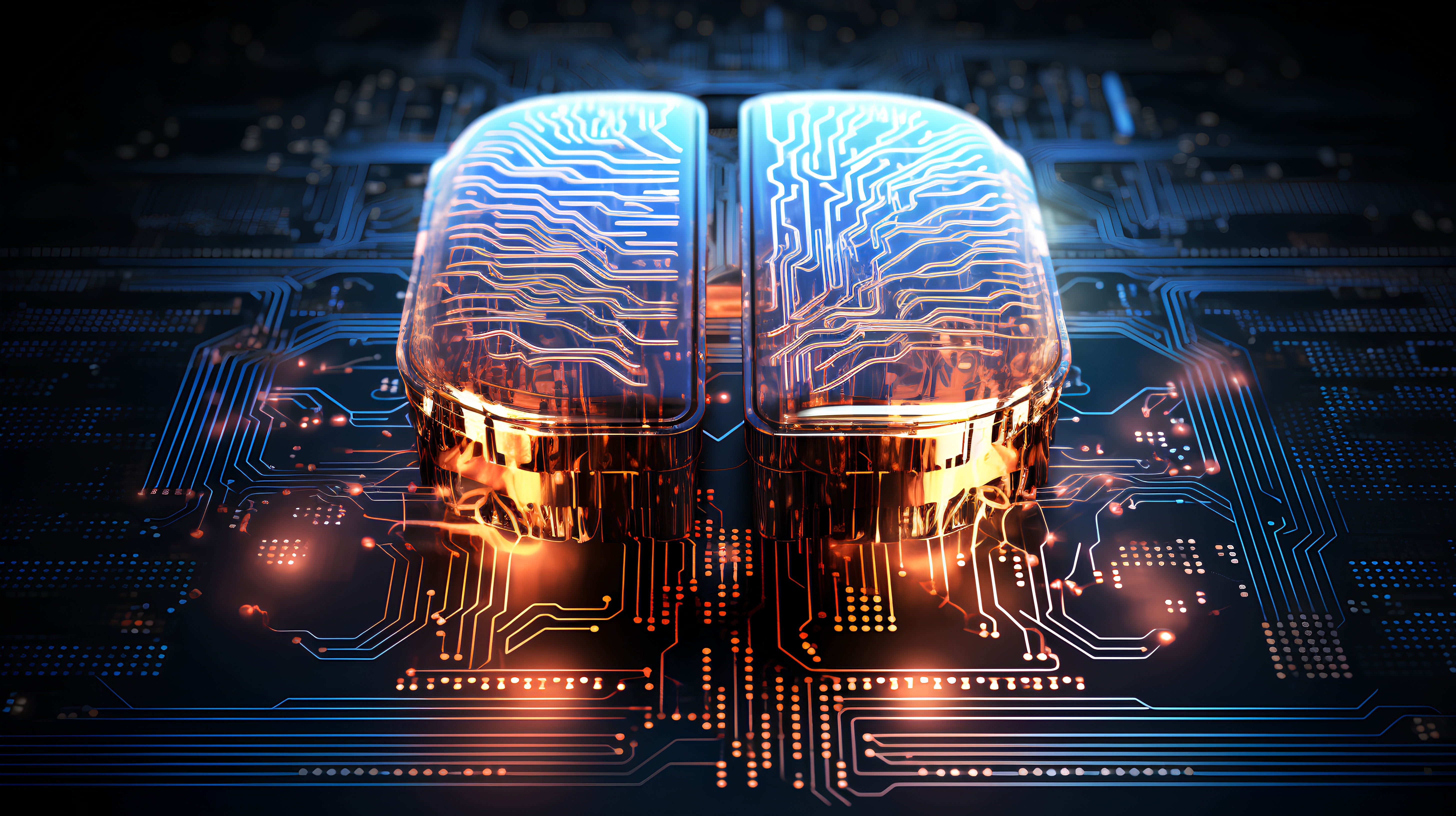 Big data and artificial intelligence concept. Human brain glowing from processor, symbolizing the fusion of human intelligence and machine learning capabilities. Evolution of technology of data. Big data and artificial intelligence concept. Human brain glowing from processor, symbolizing the fusion of human intelligence and machine learning capabilities. Evolution of technology of data.