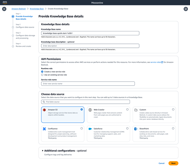 tela para criar uma base de conhecimento e configurar fontes de dados