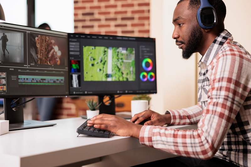 Foto de um homem editando uma mídia em um computador