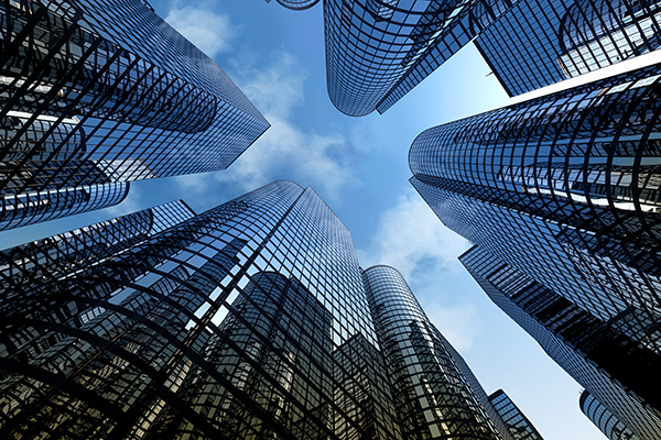 Reflective skyscrapers, business office buildings.