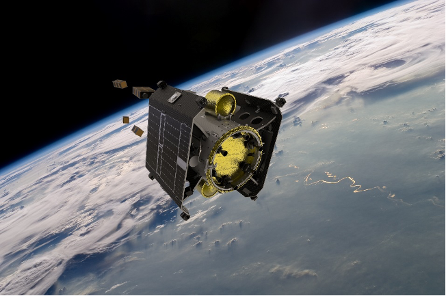 Artistic representation of ION Satellite Carrier deploying satellites in orbit