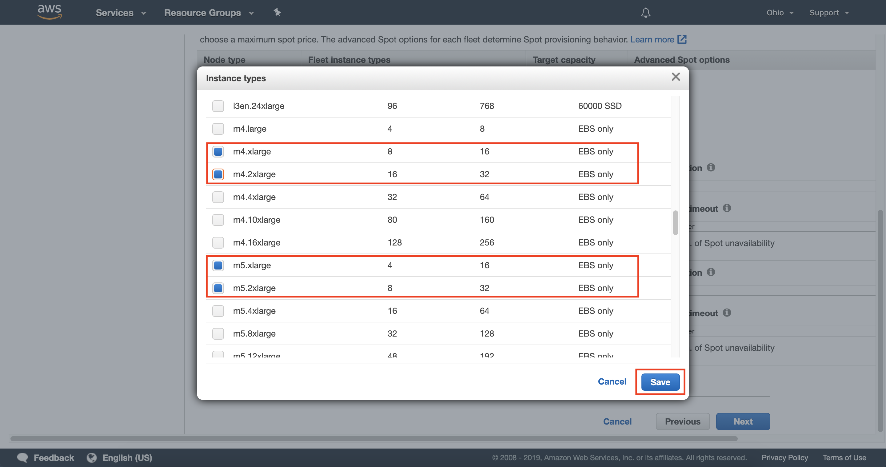 Select instance types to use