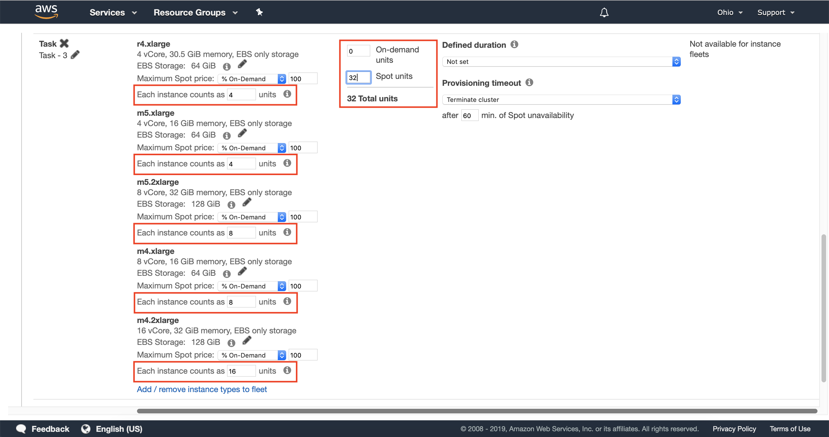 Configure on-demand and spot units