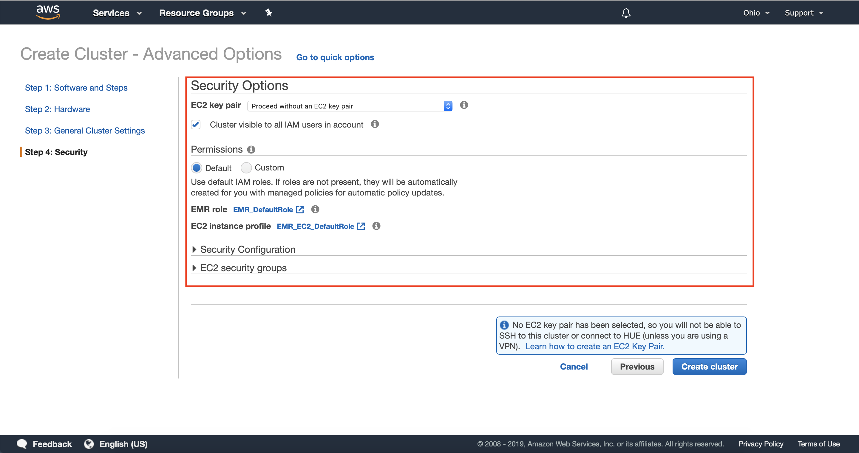 Configure security options for your cluster