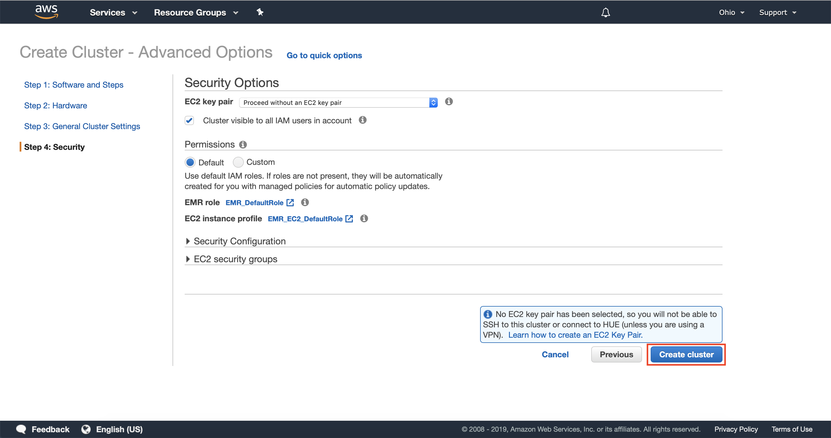 Review configuration and create cluster