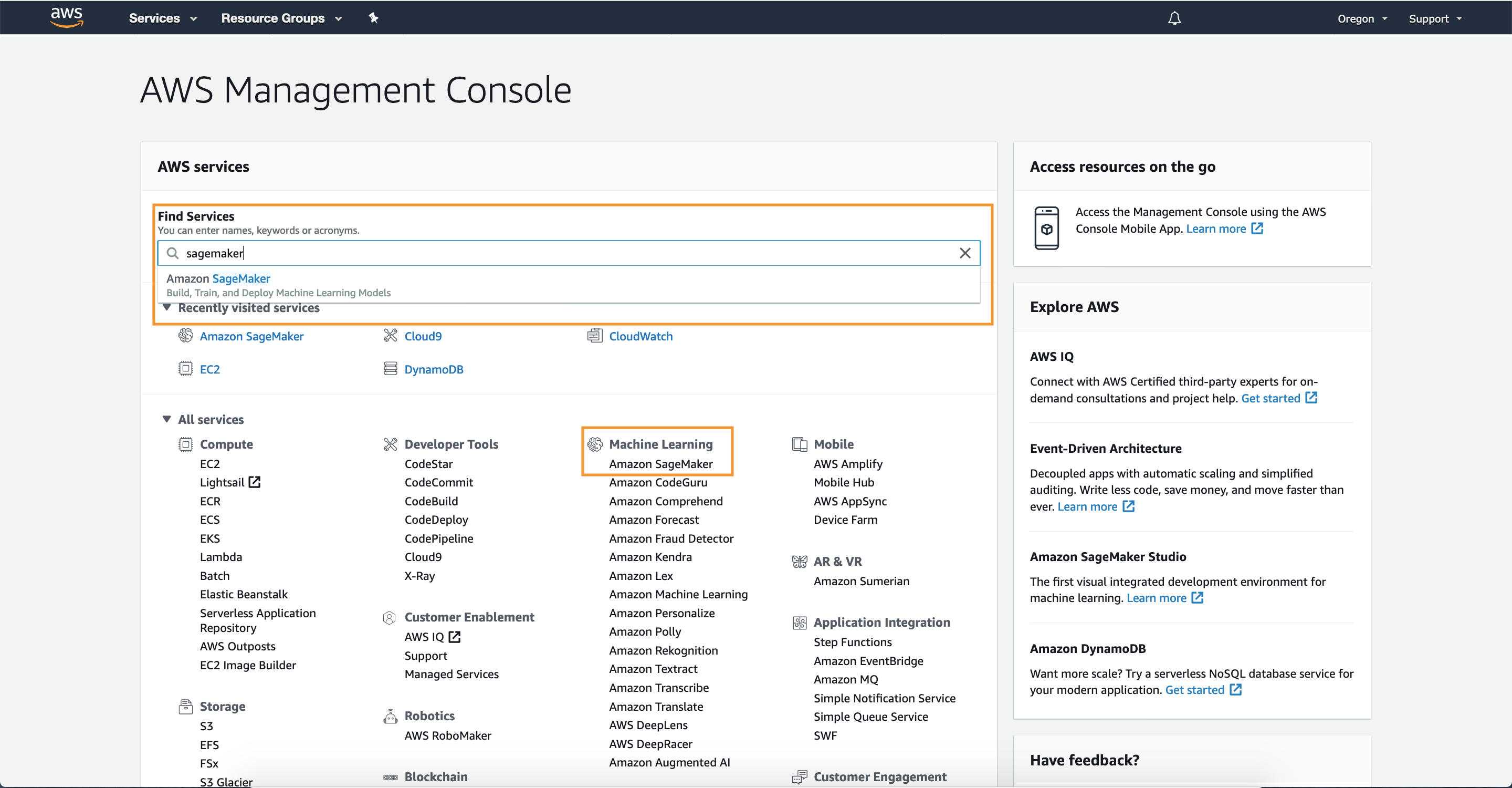 Navigate to Amazon SageMaker Console