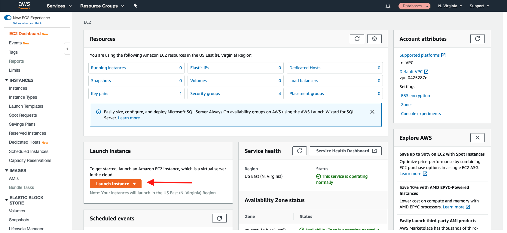 Choose &quot;Launch instance&quot; to start the Amazon EC2 instance creation wizard