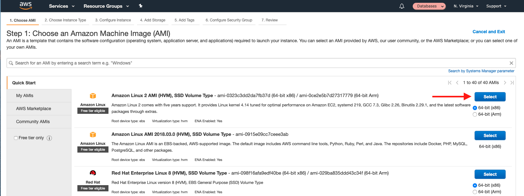 Use the Amazon Linux 2 AMI with the default x86 architecture and choose &quot;Select&quot;