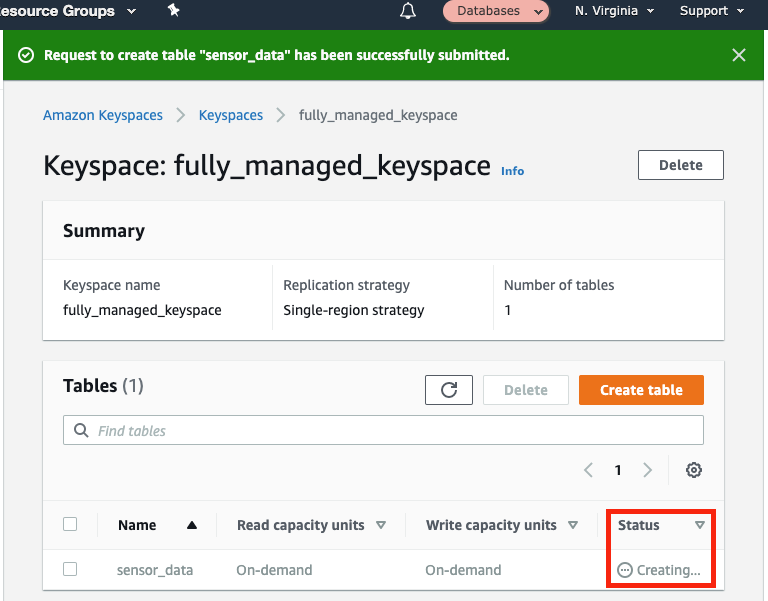 While your table is being created, it has a &quot;Status&quot; of &quot;Creating&quot;
