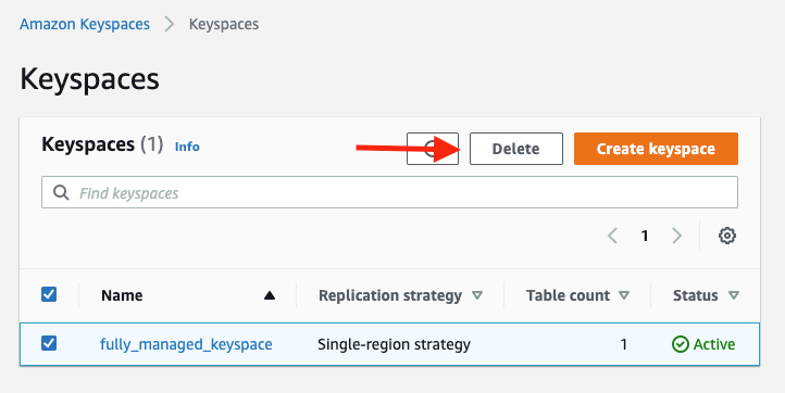 Choose the keyspace you created, and then choose &quot;Delete&quot;