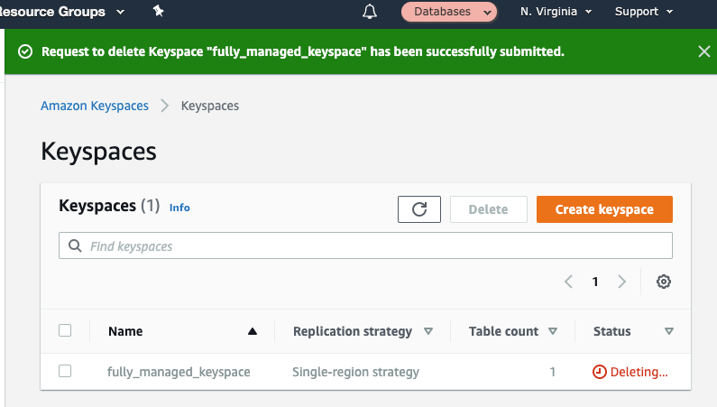 The Amazon Keyspaces page shows that your keyspace is being deleted