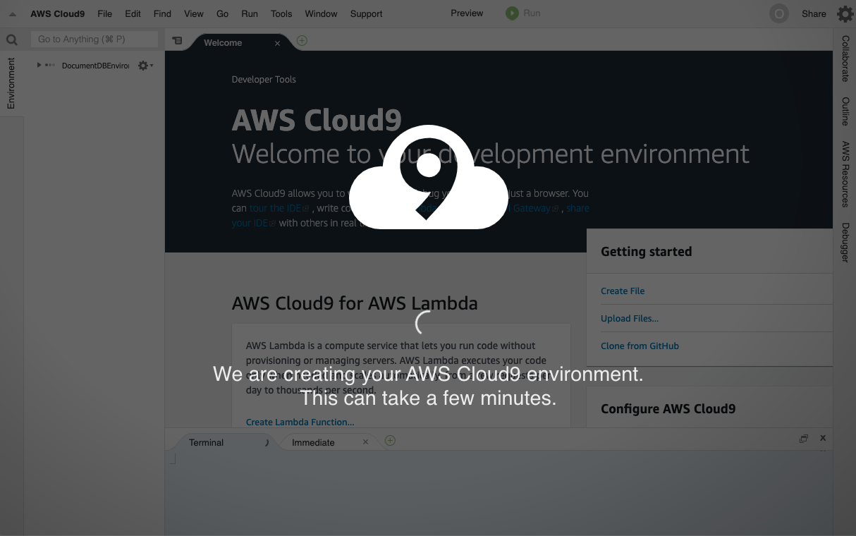 The AWS Cloud9 environment as it is provisioning