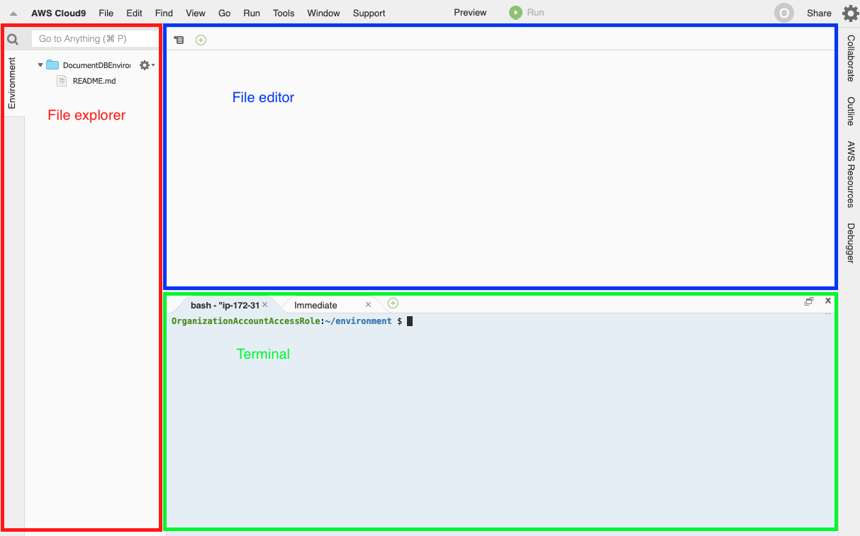 The three main areas of the AWS Cloud9 console