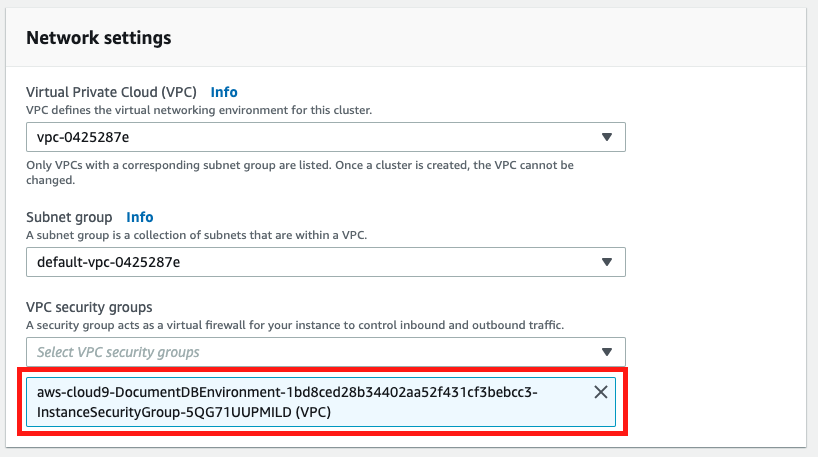 Choose the security group that was created for your AWS Cloud9 environment