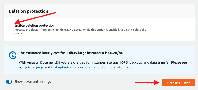 Choose &quot;Create cluster&quot; to create your Amazon DocumentDB database