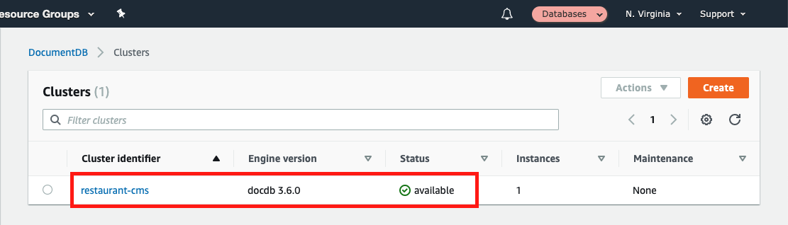 Find the Amazon DocumentDB database you created and choose its &quot;Cluster identifier&quot;
