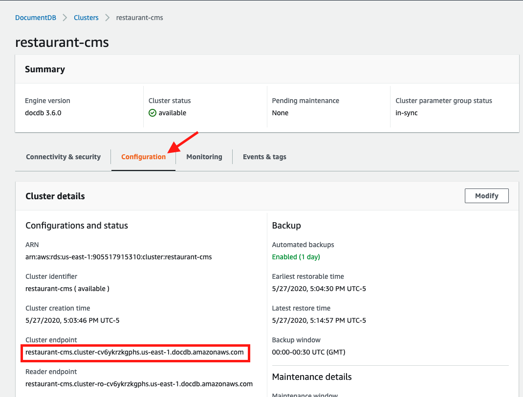 Copy the value of the &quot;Cluster endpoint&quot;