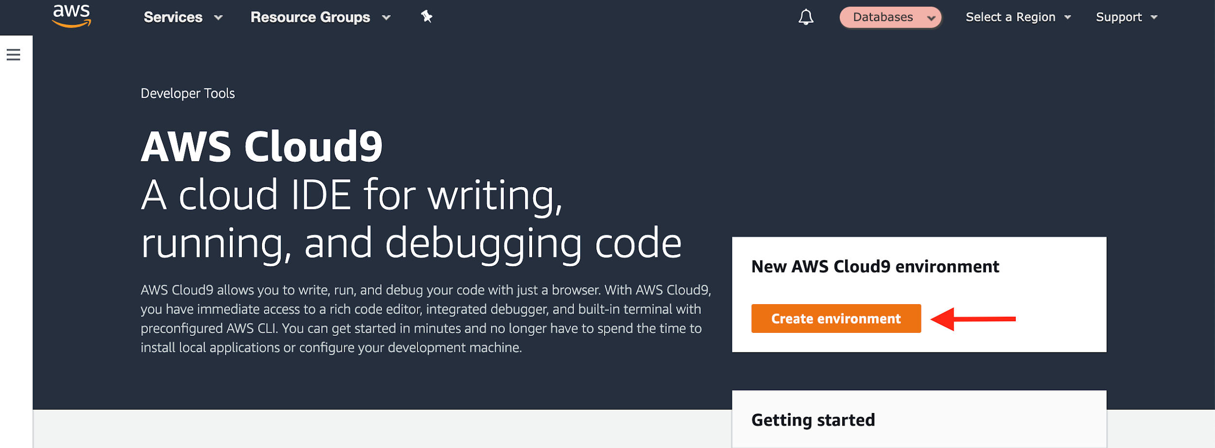 The AWS Cloud9 console